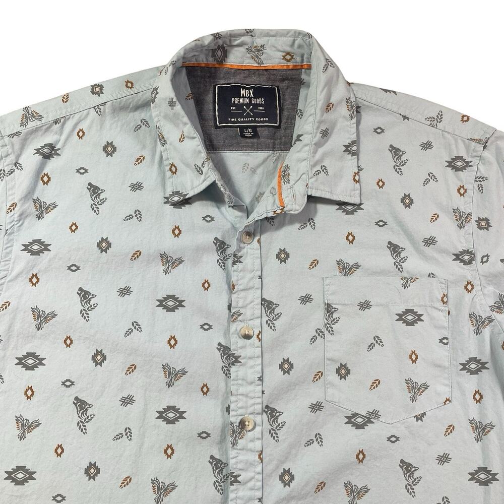 MBX Premium Southwestern Tribal Print Button Up Shirt Men's L All Cotton Blue